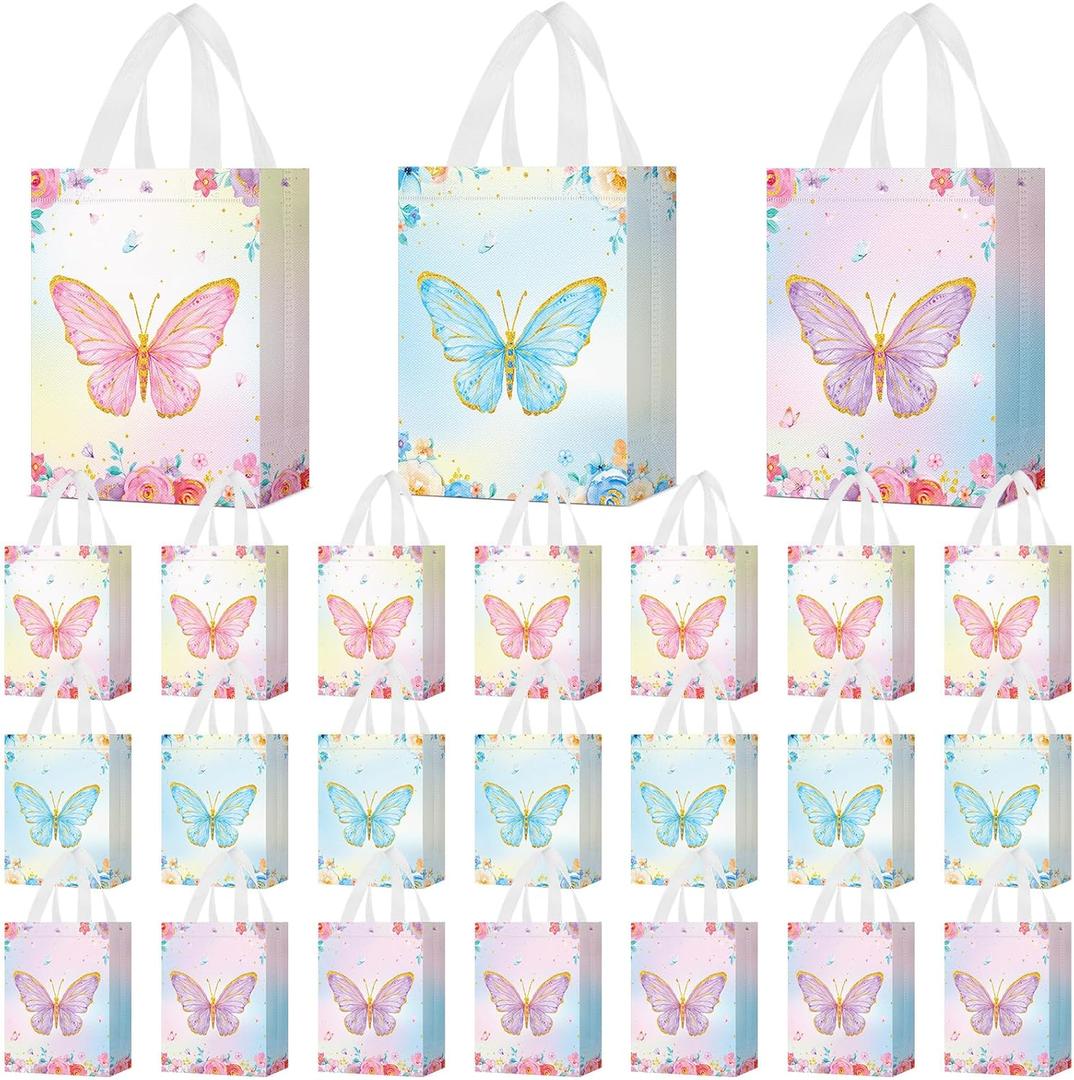 Locmeo 24 Pcs Butterfly Party Favor Bags with Handles Reusable Non Woven Butterfly Goodie Bags Pink Blue and Purple Candy Treat Gift Bag for Girl Boy Birthday Baby Shower Party, 8 x 4 x 10 Inch