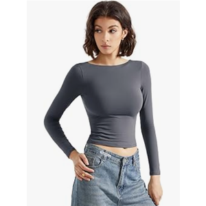 SUUKSESS Women Backless Going Out Tops Double Lined Open Back Basic Long Sleeve, Small