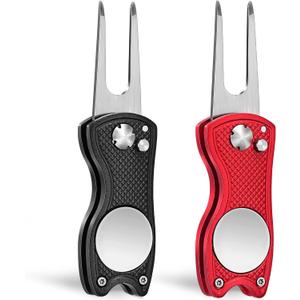 Mile High Life Golf Divot Repair Tool, All Metal Foldable Divot Tool with Pop-up Button & Magnetic Ball Marker, 2-6 Pack (Black/Red)