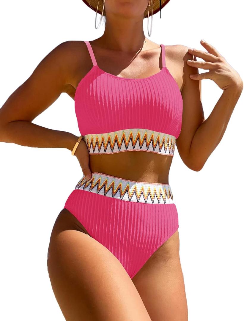 Women's High Waisted Swimsuit Two Piece Ribbed Bikini Sets Crop Top High Cut Cheeky Bathing Suits (X-Large)