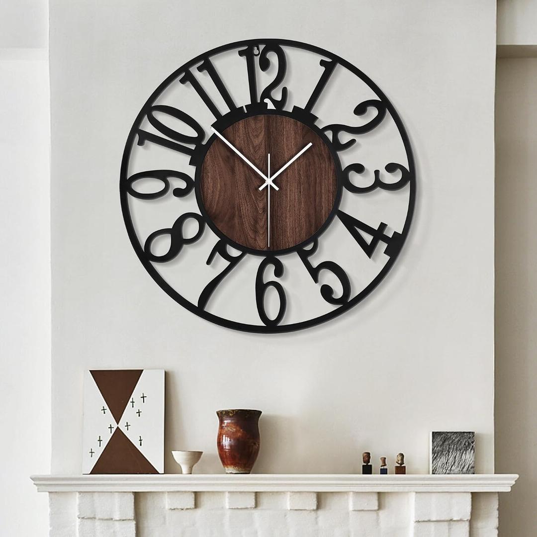 LEIKE Large Wall Clocks,Silent,Non Ticking,Battery Operated Rustic Round Modern Big Wood Wall Clock for Living Room, Bedroom,Kitchen,Farmhouse,Office,Home Decor-16 Inch(Black-Arabic Number)