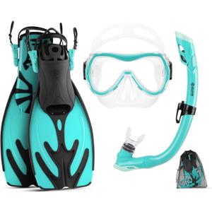 OutdoorMaster Marlin Kids Mask Fins Snorkel Set, Dry Top Snorkeling Gear with Adjustable Fins, Anti-Fog Snorkel Mask Set for Boys and Girls Age 6-16 (Cyan)