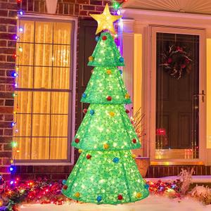 Tangkula 6.5 FT Pop-Up Lighted Christmas Tree, Artificial Xmas with 200 Warm White LED Lights, Collapsible Decoration, Fabric Celebration for Indoors & Outdoors