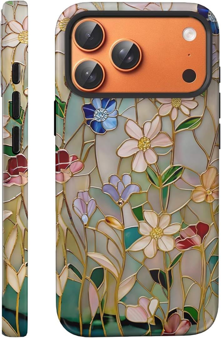 Compatible with iPhone 17 Pro Max Case 6.9, Cute Floral Patterns Shockproof Protective Aesthetic Phone Case with Stylish Designs for Women Girl, Stained Glass Bloom Flower