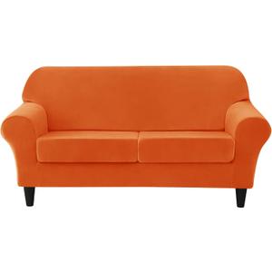 CONRUSER Stretch Sofa Slipcover, Soft Velvet Sofa Covers for 2 Cushion Couch Thick Furniture Protector for Pets & Kids (Orange, M)