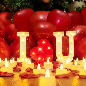Homemory I Love U Light Up Letters Proposal Decorations, I Love U Sign with 24Pcs Flameless Candles 1000Pcs Red Fake Rose Petals 30Pcs Red Balloons for Valentine's Day Wedding Proposal Romantic Night