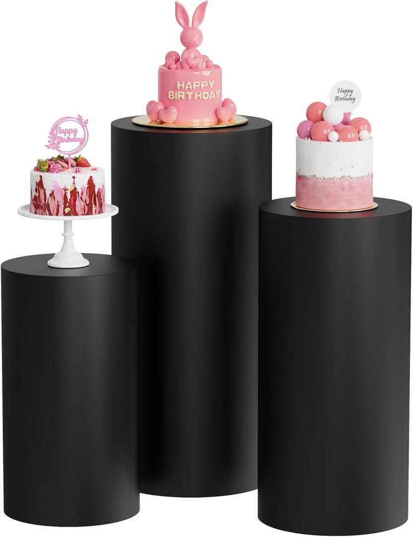 Putros Cylinder Pedestal Covers Black 3Pcs Spandex Cylinder Plinth Stand Cover for Party Wedding Props Event Decor (Set of 3)