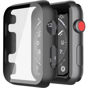 Misxi 2 Pack Hard PC Case with Tempered Glass Screen Protector Compatible with Apple Watch Series 3 and 2, 42mm, Ultra-Thin Scratch Resistant Overall Protective Cover for iWatch S3/S2, Black