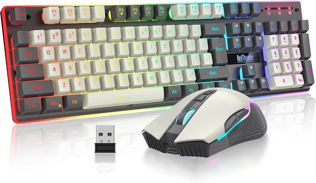 RedThunder K10 Pro Wireless Gaming Keyboard and Mouse Combo, RGB Backlit Rechargeable 3800mAh Battery, Mechanical Feel Anti-ghosting Keyboard + 7D 3200DPI Mice for PC Gamer(White Gray)