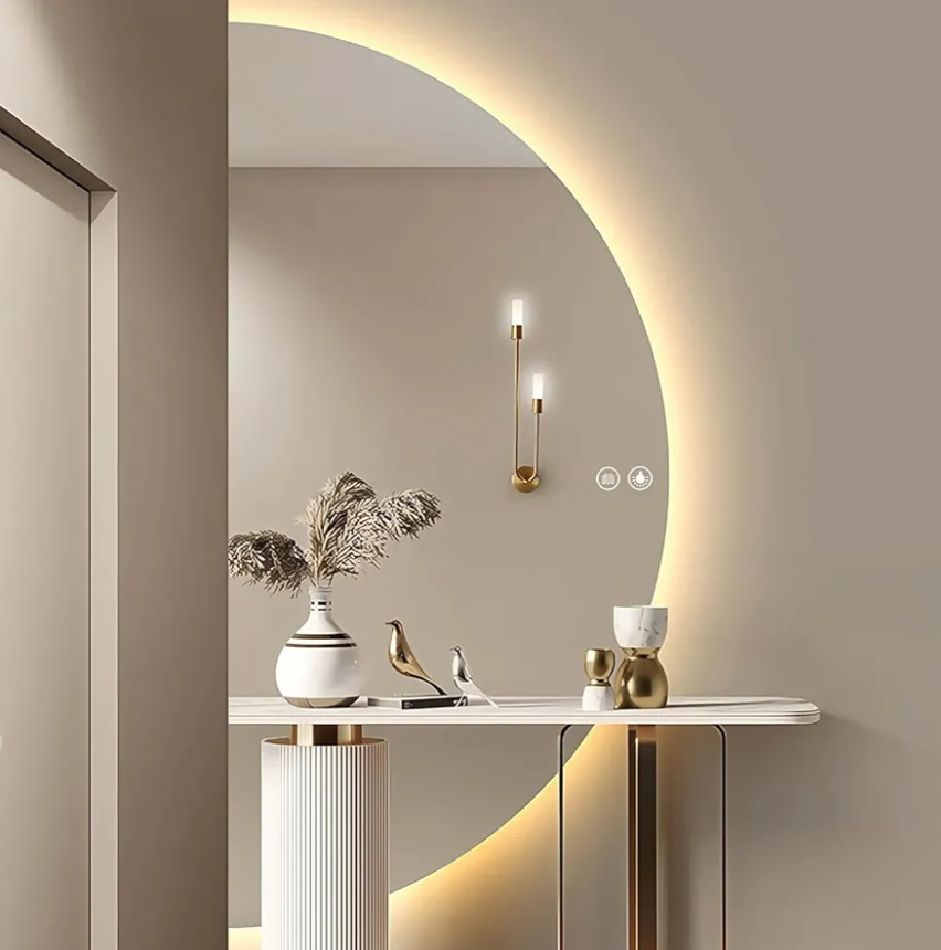 32"×16" Half Moon LED Mirror for Bathroom, LED Vanity Mirror with Anti-Fog, Backlit Bathroom Mirror with Lights, Irregular Round Smart Mirror with Dimmable 3-Color Lights,Tempered Glass