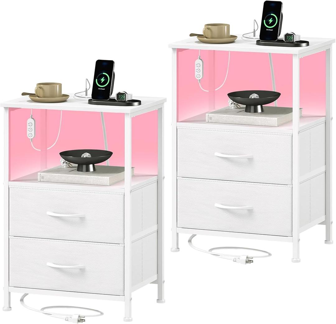 Somdot Nightstands Set of 2,End Tables with Charging Station and LED Lights,Night Stand with 2 Fabric Drawers, End Table with Open Shelf, Small Nightstand for Bedroom, White Leather, 11.8"D x 15.7"W x 23.6"H