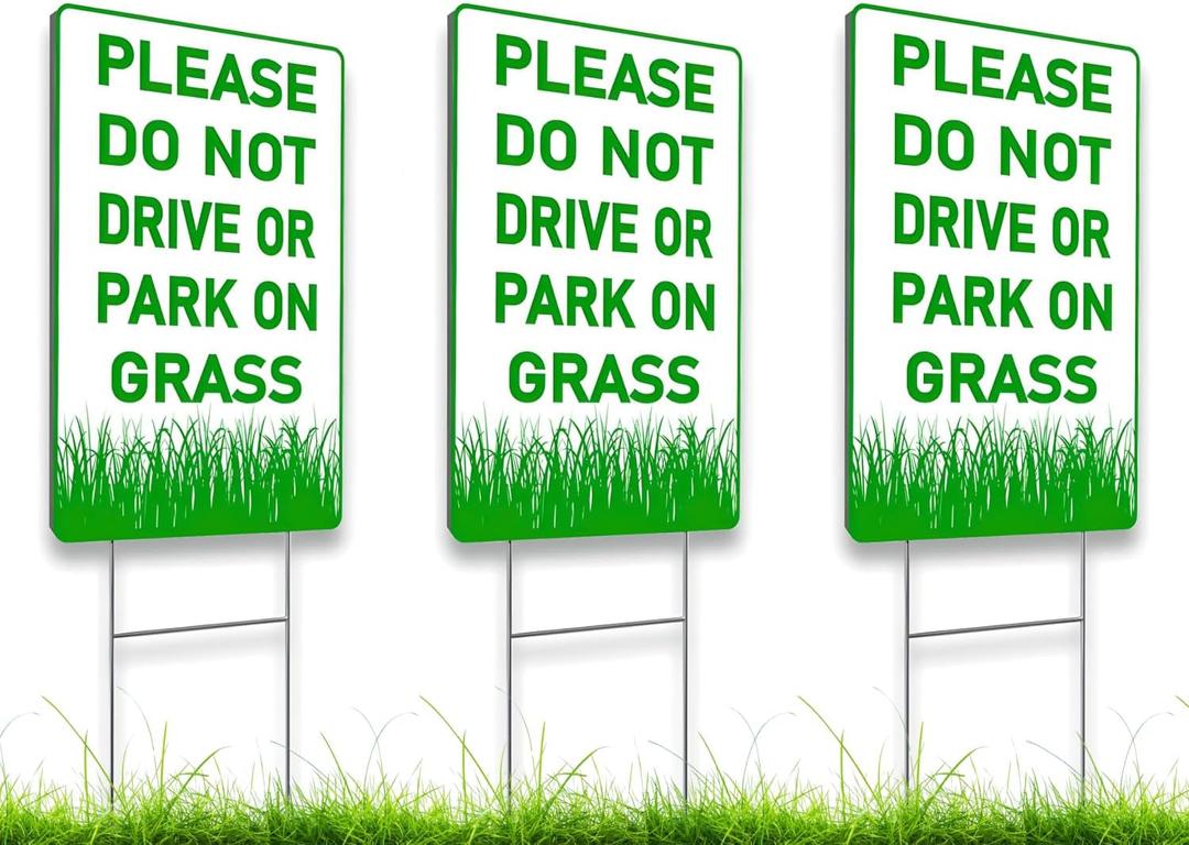128 inch 3X Please Do Not Drive Or Park On Grass Double Sided Plastic Signs with Metal Wire H-Stakes - Stay Off Lawn Sign - No Parking on Grass - No Parking Private Driveway - Keep Off The Yard Sign