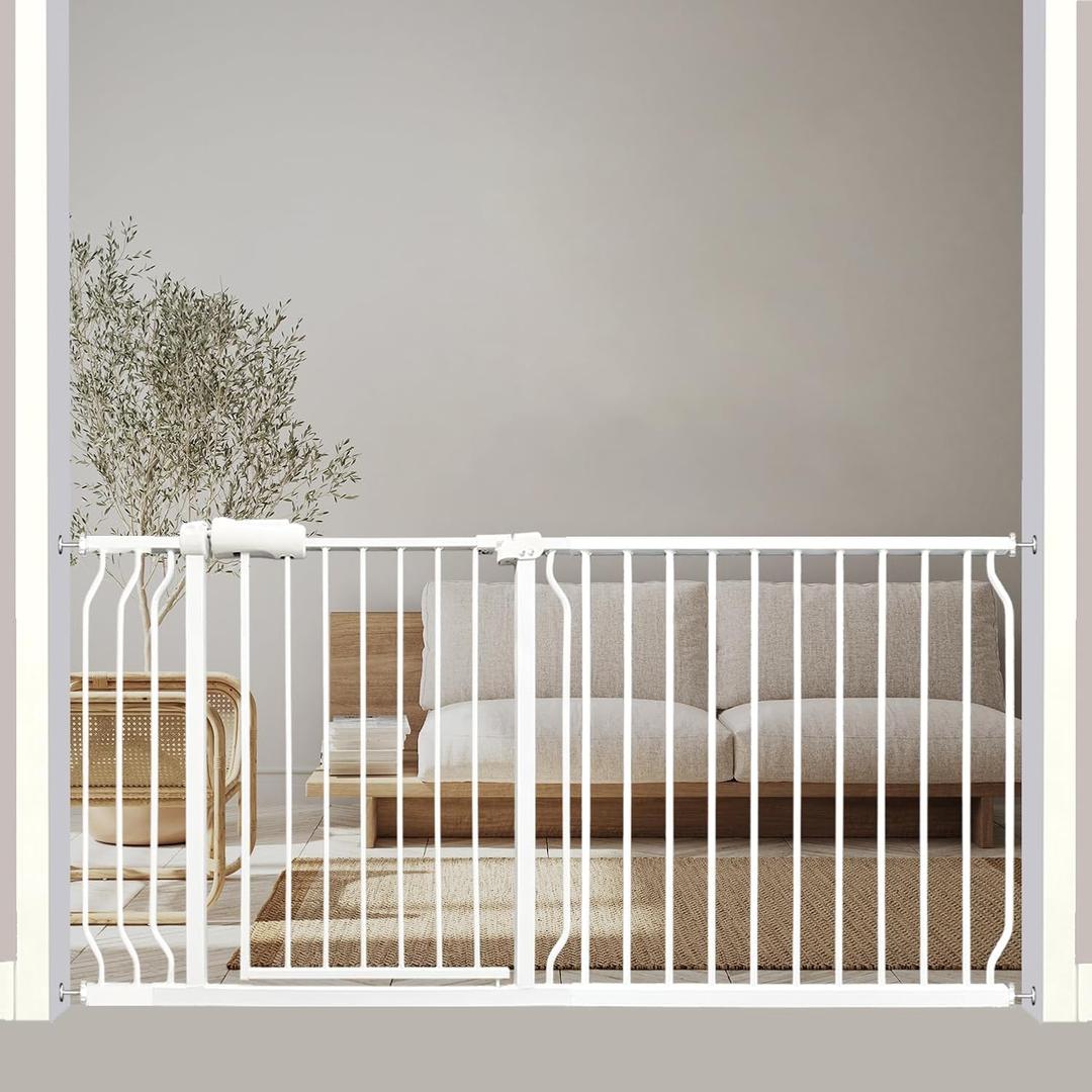 Extra Wide Baby Gate - 62-67 Inch Tension Mounted Safety Child & Pet Gate - White Metal - Walk Through - Long - for House Doorways & Stairs, White