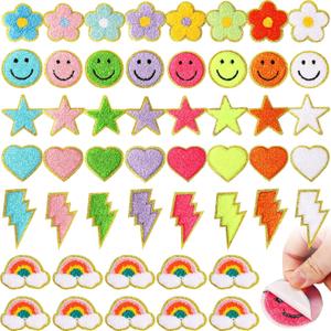 Yilloog 50 Pcs Self Adhesive Chenille Patches Paw Print Smile Face Heart Patch Preppy Sticker Chenille Rainbow Sew on Sticker for Jackets Jeans(Colorful Style,Rainbow Color)