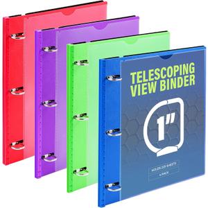 WOT I 1 Inch Telescoping 3 Ring Binder 4 Pack, Expandable Flexible Binder with Customizable Front Cover & Clear Catalog Pocket, Holds 225 Sheets, Assorted Colors, School Office Supplies (Blue+green+red+purple)