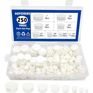 BOPOREAE 250 PCS 8 Sizes Nylon Plastic Hole Plugs White 1/4, 5/16, 3/8, 1/2, 5/8, 3/4, 7/8, 1 Inch Round Hole, Flush Type Panel Knockout Locking Plugs, Furniture Cabinet Pipe Insert End Covers Caps