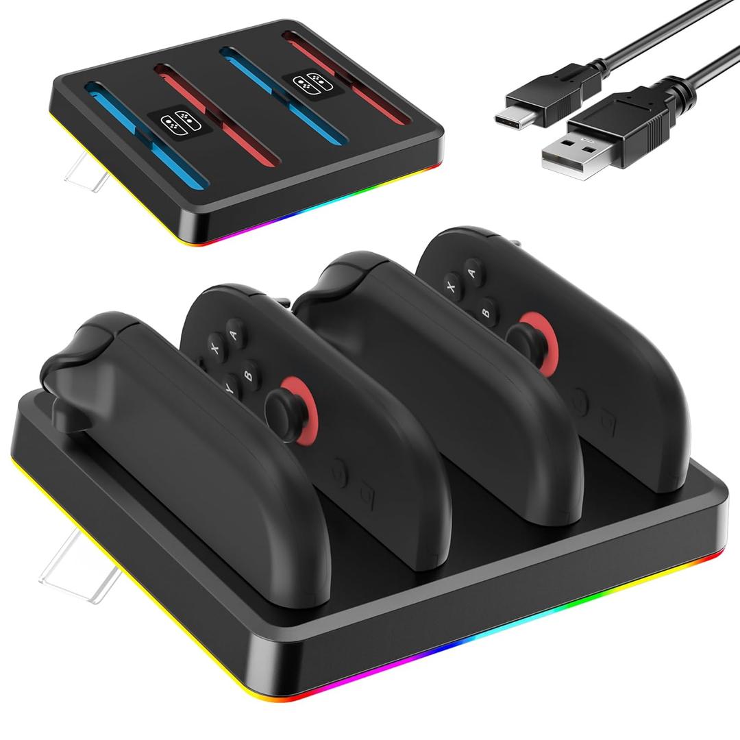 Charging Dock Station for Nintendo Switch 2 Joycon Controller, FANPL Charger Stand for 4 Joy-Con 2 with Charging RGB Indicator and Type C Charging Cable - Flat Version