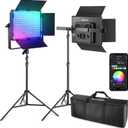 NEEWER 2 Pack PL60C RGB LED Panel Video Light Kit with 6.6ft/2m Spring Cushioned Tripod Stands/Bag, APP/2.4G/DMX Control, 60W 2500-10000K Pro Photography Studio Recording Streaming Key Lighting