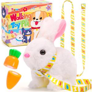 Tagitary Easter Plush Bunny Toys Electronic Toy with Sounds,Wiggling Ears,Twitching Mouth and Nose, Interactive Rabbit Toy for Kids with Leash,Easter Basket Stuffers Birthday Gift for Toddlers (White)