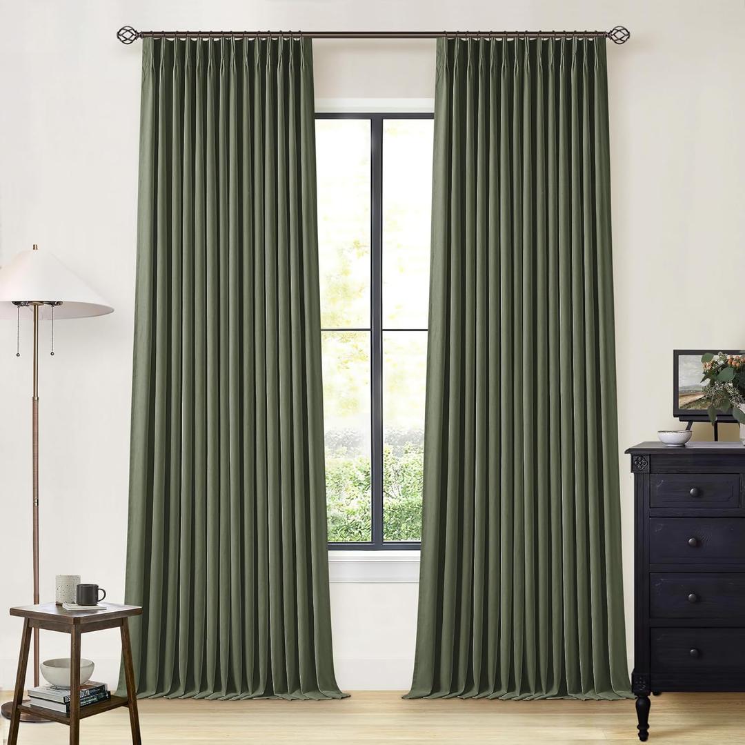 Olive Green Blackout Linen Curtains 108 Inches Long for Bedroom Pinch Pleated Black Out Curtains Lined 2 Layers Memory Shape Noise Reducing Neutral Farmhouse Living Room Darkening Window Drapes
