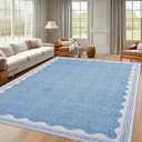 Scalloped Washable Rug 9x12 Area Rugs for Living Room, Solid Blue Rug for Bedroom Girls, Non Slip Throw Mat with Rubber Back, Soft Dorm Nursery 9x12 Carpet for Dining Room, Blue 