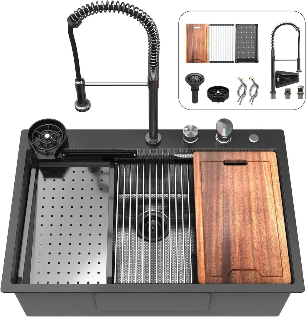33x22 inch Waterfall Kitchen Sink Metal Black -Feibus 33inch Drop In Sink with Faucet Combo Double Step Workstation16 Gauge Multifunctional Stainless Steel Single Bowl, 33"x22"x10"