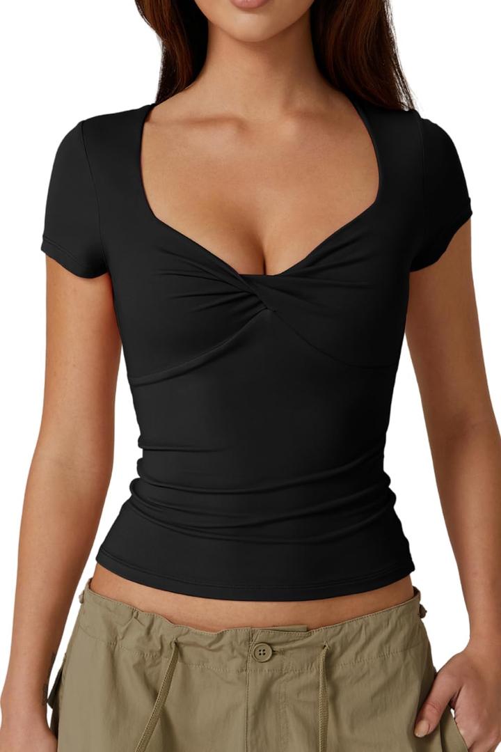 QINSEN Women's Sexy Twist Front V Neck T Shirts Double Lined Short Sleeve Slim Fit Crop Top Trendy Y2K Tops Tee (Large, Black)