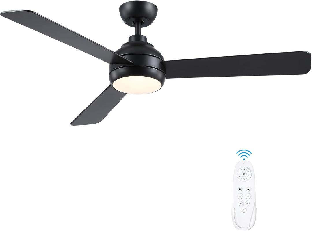 52 Inch Ceiling Fans with Lights and Remote, Modern Black Ceiling Fan with Light, DC Reversible, 6 Speeds, 3CCT, Dimmable, 3 blades, Bedroom, Indoor/Outdoor Patios Use