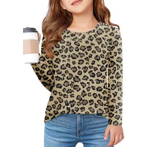 Arshiner Girls Pleated Long Sleeve Shirts Crewneck Casual Fashion Tops Blouse Tee (10-11 Years, Leopard)