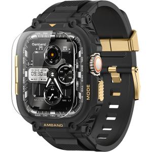 amBand Compatible with Apple Watch Ultra 3/2/1 Bands for Men, M1 Sport Series Heavy Duty Case Tactical Strap and Screen Protector, Protective Cover Fits iWatch Ultra Bands for Men 49mm - Black Gold