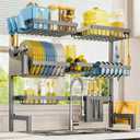 Dish Drying Rack - Over The Sink Dish Drainer Drying Rack with Utensil & Knife Holder, Hooks, Stainless Steel Kitchen Organizers and Storage Solution, 11.8" D x 31.5"~39.0''W x 30" H, Gray