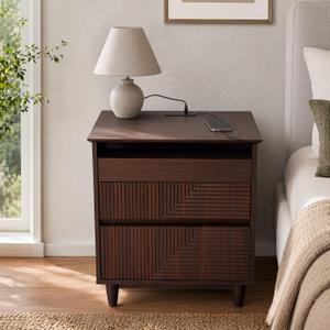 Nightstand with Charging Station, 3 Drawers Fluted Bedside Table, USB Ports Outlets, Mid Century Modern End Table, 1 Small and 2 Large Drawers, Natural Oak 、Walnut Finish (Walnut)
