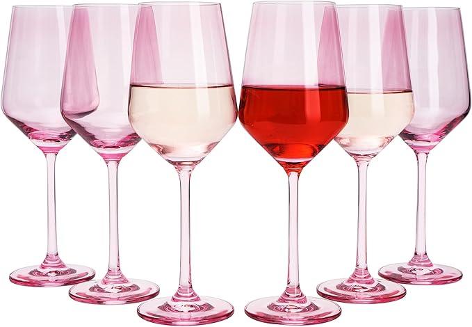 Pink Wine Glasses Stemware Collection, 6-Pack, 14oz, Blush Hue, Elegant Tall Stems, Distinctive Gift, Vibrant Glass Set, Chic Tableware, Rosy Tint, Celebration Ready, Stylish Drinkware, Festive Charm