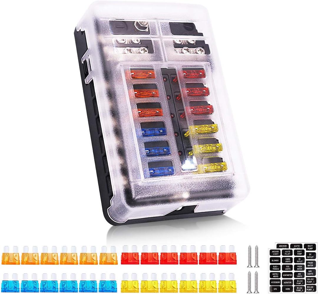 12 Way 12V Fuse Box 12Volt Blade Fuse Block, 12 Circuit W/Negative Bus Waterproof Fuse Box with LED Indicator for 12V/24V Automotive Golf Cart Truck Car Boat Marine RV Van Vehicle