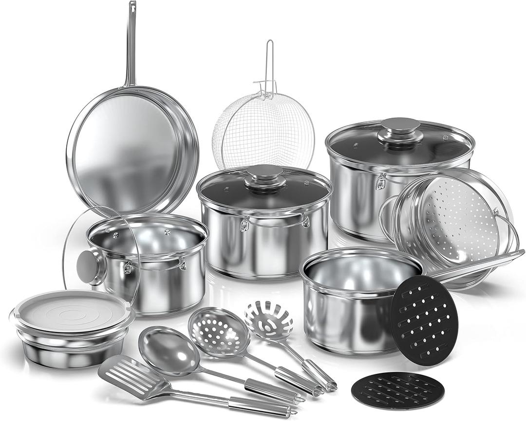 YSSOA 18-Piece Stainless Steel Kitchen Cookware Set, Including Saucepan, Casseroles with Tempered Glass Lid, Frypan, Steamer, Salad Bowl , Fryer Basket, Heat Resistant Mat & Utensils Set, Silver