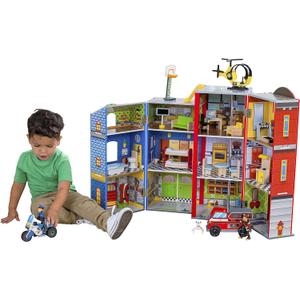 KidKraft Everyday Heroes Wooden Playset, 3-Story with 26-Piece Accessories, Foldable for Storage