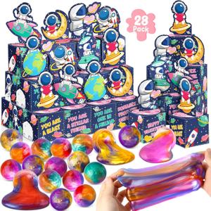 NAWITDA 28 Pack Valentines Day Gifts for Kids Classroom Galaxy Slime with Astronaut Valentines Cards Boxes, Classroom Exchange Gifts, Valentines School Party Favors Toys for Boys Girls