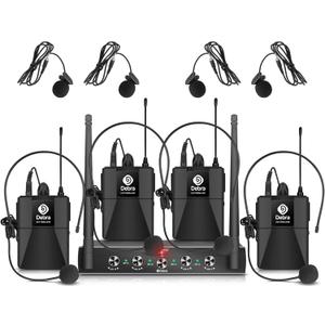 D Debra Audio AU400 Pro UHF 4 Channel Wireless Microphone System with Cordless Handheld Lavalier Headset Mics, Metal Receiver, Ideal for Karaoke Church Party (with 4 Bodypack (B))