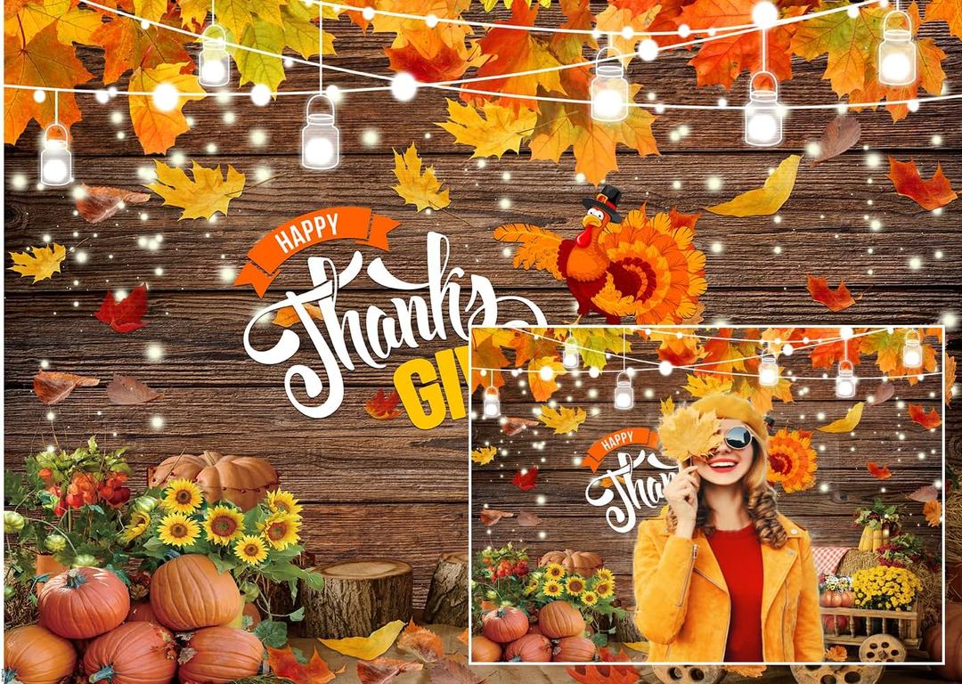 Thanksgiving Backdrop 7x5ft Rustic Fall Harvest Party Background Autumn Pumpkins Turkey Party Decor Photo Both Fall Leaves Banner Backdrop