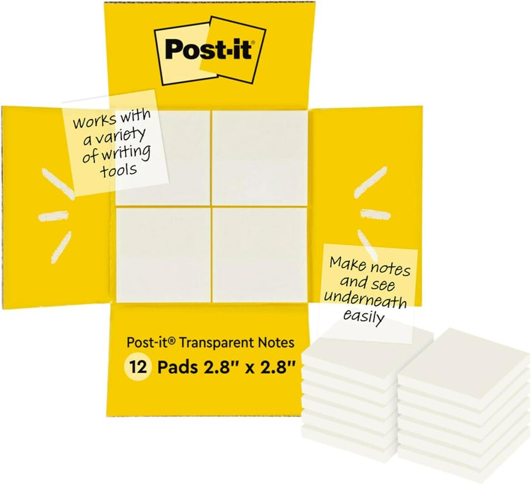 Post-it Transparent Notes, 2.8 in. x 2.8 in., Clear Sticky Notes, Second Semester School Supplies, Office Products, Great for Studying, 12 Pads