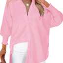 Womens Oversized Button Down Shirts Smocked Cuffed Ruffle Sleeve Boyfriend Blouses Collared Work Casual Top with Pockets (Pink, L)
