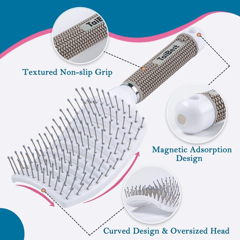 Boar Bristle Hair Brush Set - Dry/Wet Hair Brushes Detangler for Fine, Thick, Curly Hair - Curved and Vented Hair Brush for Women, Men or Kids (White)