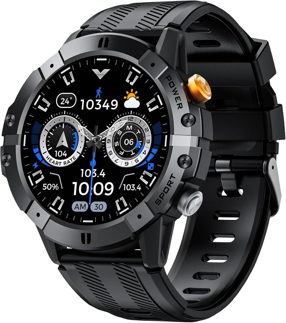 Smart Watches for Men Military Watches Blood Pressure Monitor Heart Rate Sleep Monitor Make/Answer Call SNS Msaage Reminder Fitness Tracker Pedometer Step Counter Waterproof iOS Android Phones (Black)