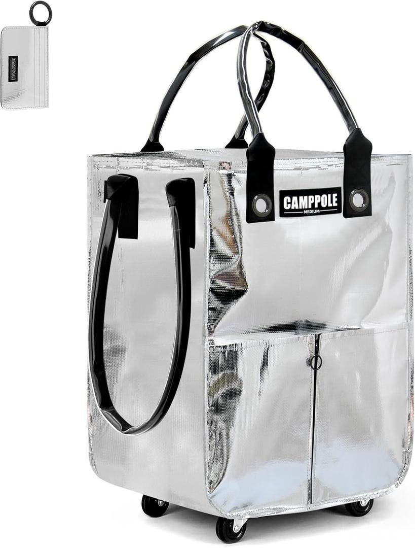 Reusable Grocery Bag On Wheels, Shopping Carts for Groceries with Card Holder, Lightweight Rolling Tote, Folding Grocery Cart Carries Up to 66 lb, Water-Proof Bag for Moving, Travel, Camping, Medium (Silver)