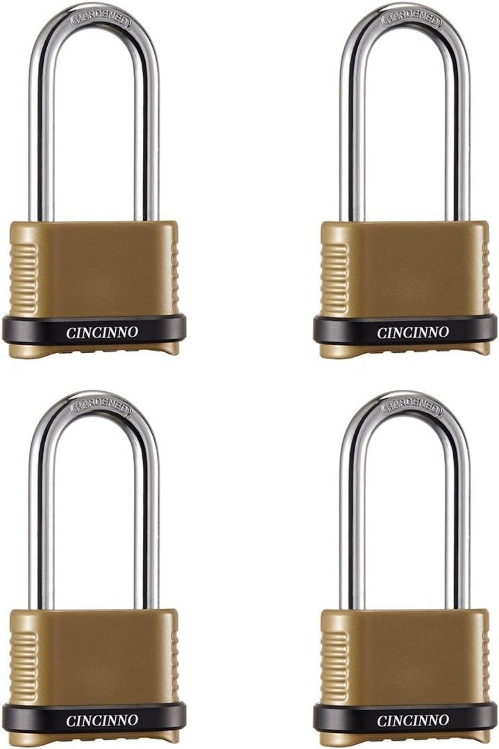 CINCINNO Heavy Duty Combination Lock, 4-Digit Combo Lock with Long Shackle,Weatherproof Combination Padlock for Outdoor Use,4 Pack