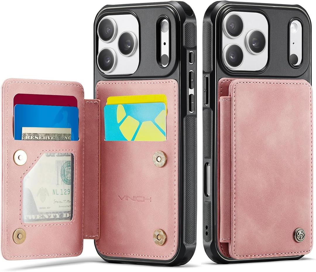 Vinich for iPhone 17 Pro Wallet Case with Card Holder, RFID Blocking Credit Slots Kickstand Shockproof Phone Cover Fit for iPhone 17 Pro 6.3" Rose Pink