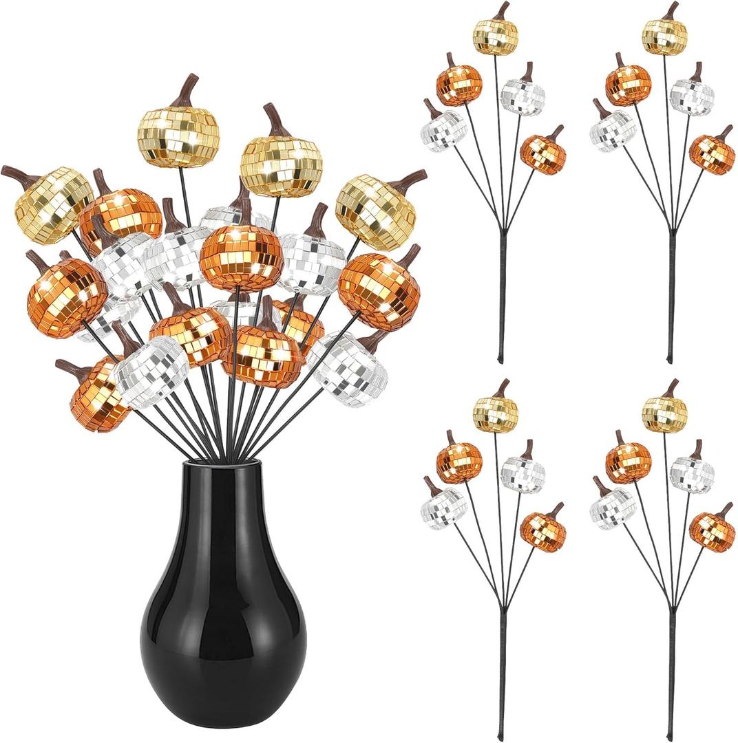 20Pcs Artificial Sparkly Pumpkin Ball Decor, 14 Inch Glitter Disco Mirror Pumpkin Sticks Ornament, Christmas Table Decoration for Winter Christmas Party Table Centerpiece (Sliver+orange)