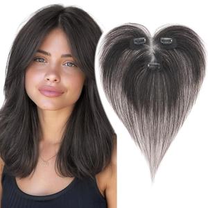 MY-LADY Human Hair Toppers for Women Real Human Hair with Side Bangs Hand-Tied Thin Light Weight 9 * 12CM Lace Base Clip in Remy Hairpieces 11 Inch Natural Black