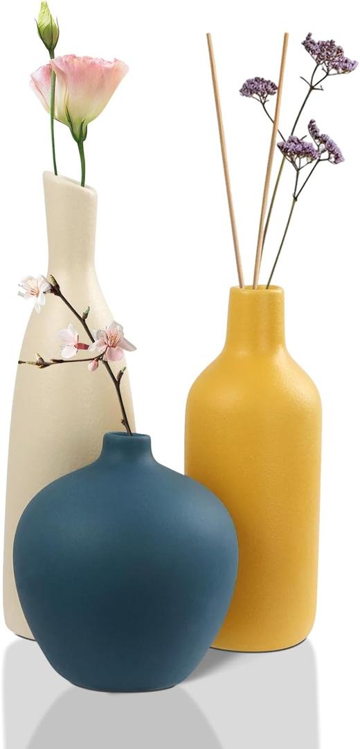 JINGIHE Ceramic Vase Set of 3, Small White Burnt Orange Blue Flower Vases, Modern Farmhouse Home Decor for Bud Pampas Grass Living Room End Coffee Table Centerpieces Mantel Christmas