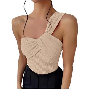 OYOANGLE Women's Textured One Shoulder Going Out Bodysuit Tops Twist Front Ruched Sleeveless Tank Top Body Suits (Apricot), XS